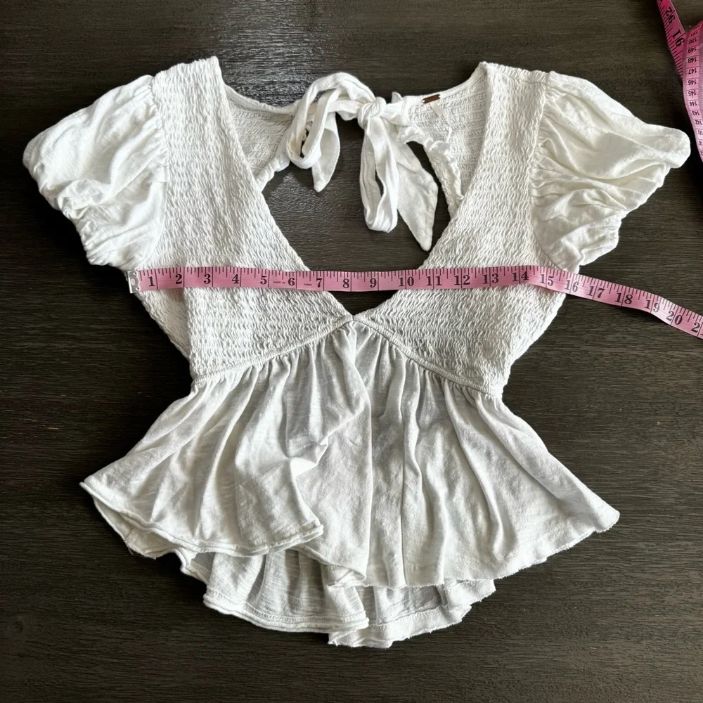 Free People White Charlotte Tie Back Crop Top XS Puff Smocked